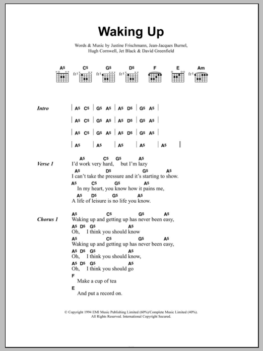 Elastica Waking Up sheet music notes and chords arranged for Guitar Chords/Lyrics