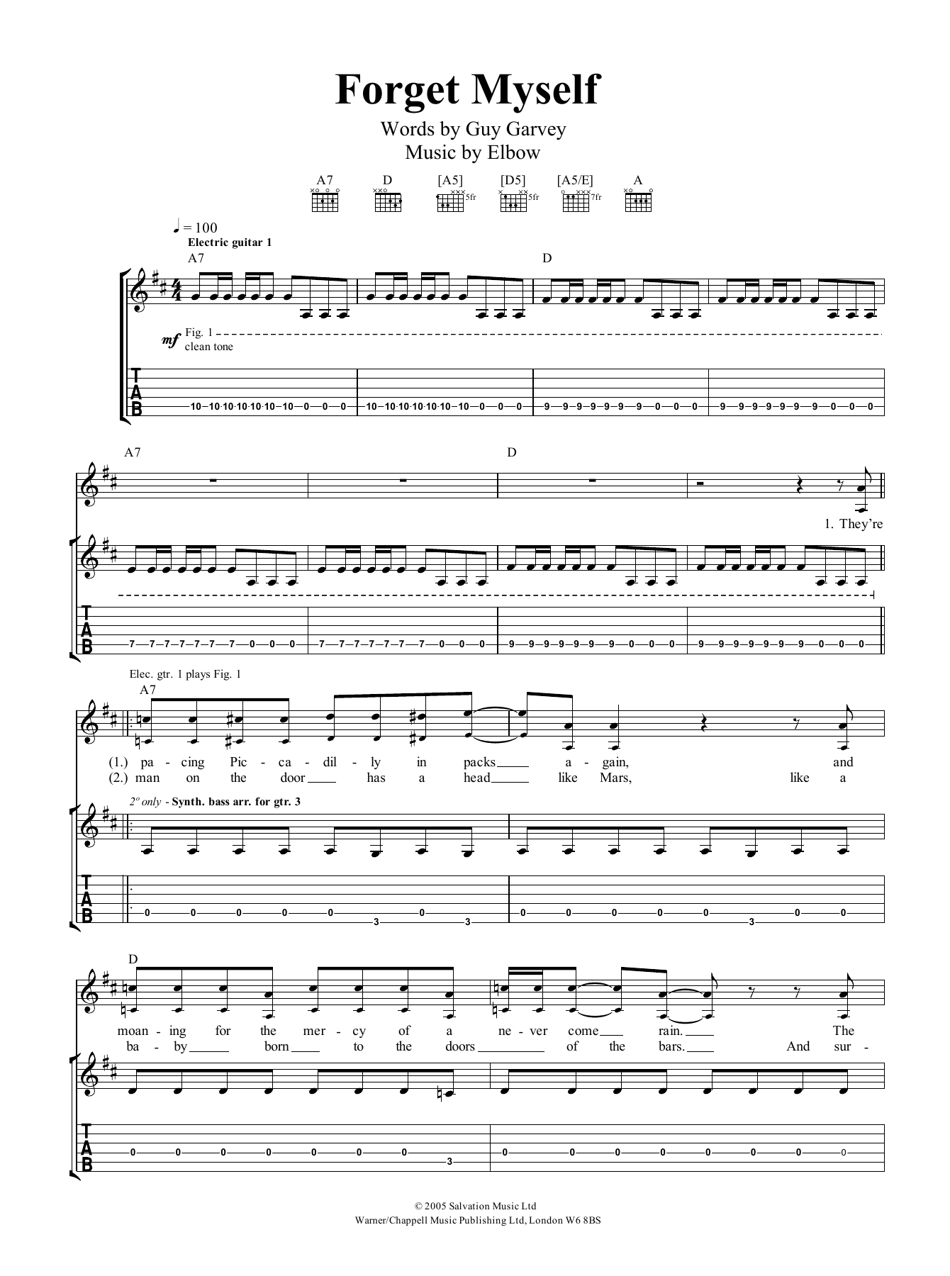 Elbow Forget Myself sheet music notes and chords arranged for Guitar Tab