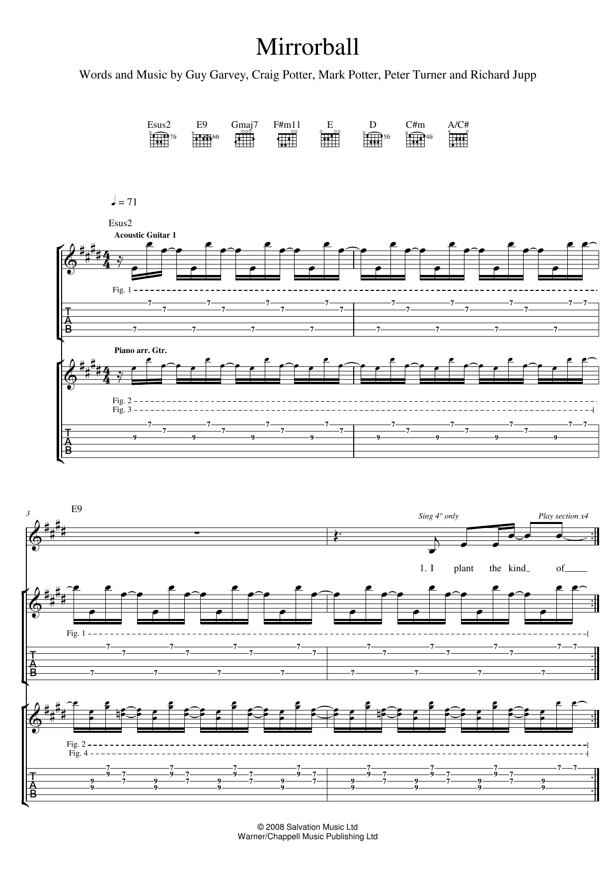 Elbow Mirrorball sheet music notes and chords arranged for Guitar Tab