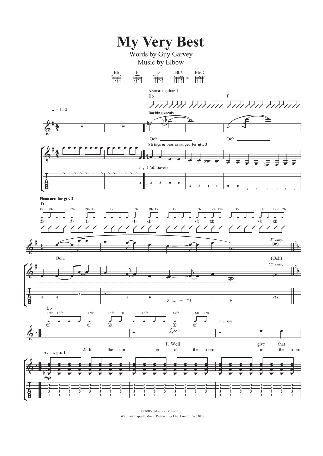 Elbow My Very Best sheet music notes and chords arranged for Guitar Tab