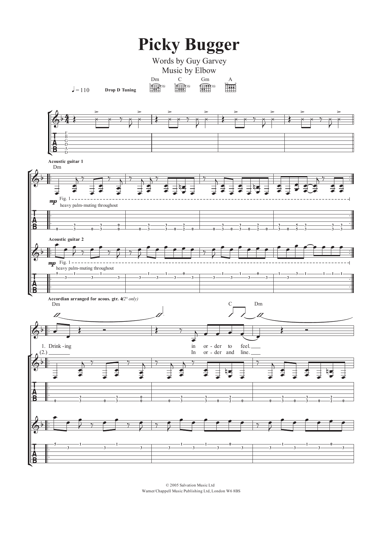 Elbow Picky Bugger sheet music notes and chords arranged for Guitar Tab