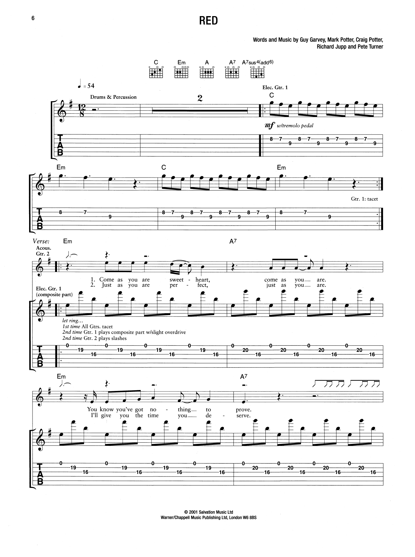 Elbow Red sheet music notes and chords arranged for Guitar Tab