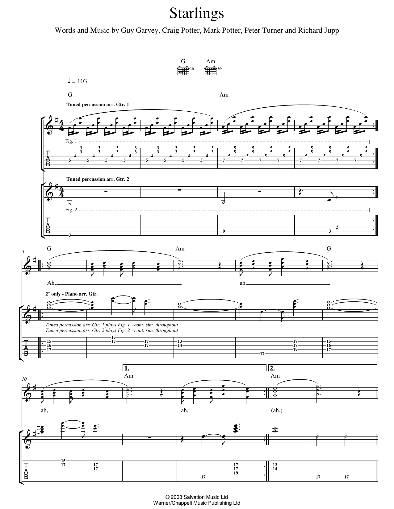 Elbow Starlings sheet music notes and chords arranged for Guitar Tab