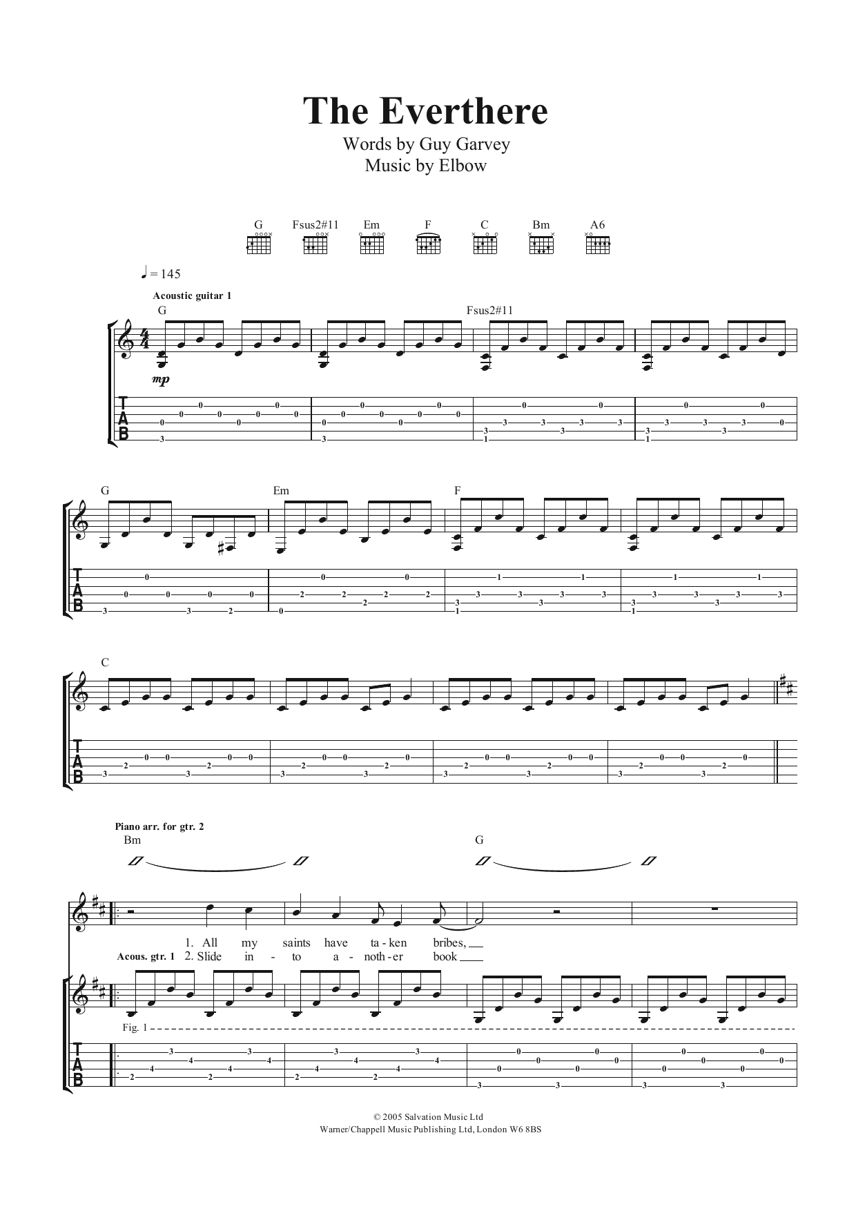 Elbow The Everthere sheet music notes and chords arranged for Guitar Tab