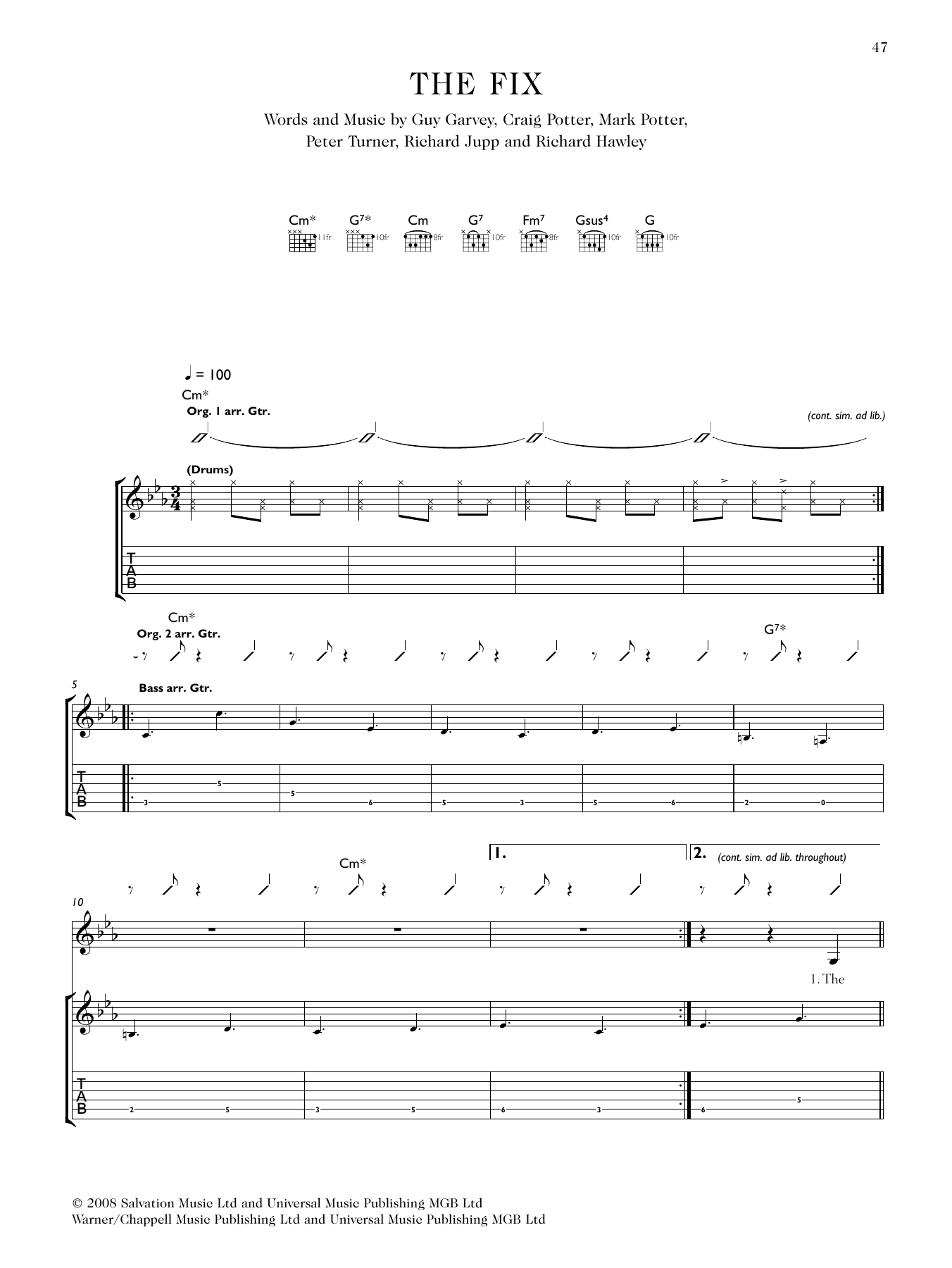 Elbow The Fix (featuring Richard Hawley) sheet music notes and chords arranged for Guitar Tab