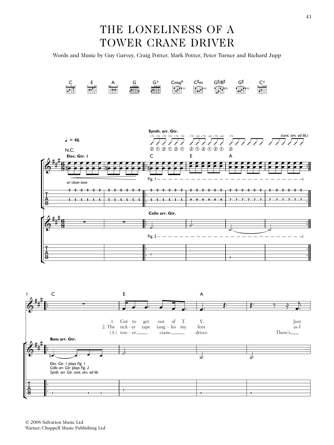 Elbow The Loneliness Of A Tower Crane Driver sheet music notes and chords arranged for Guitar Tab