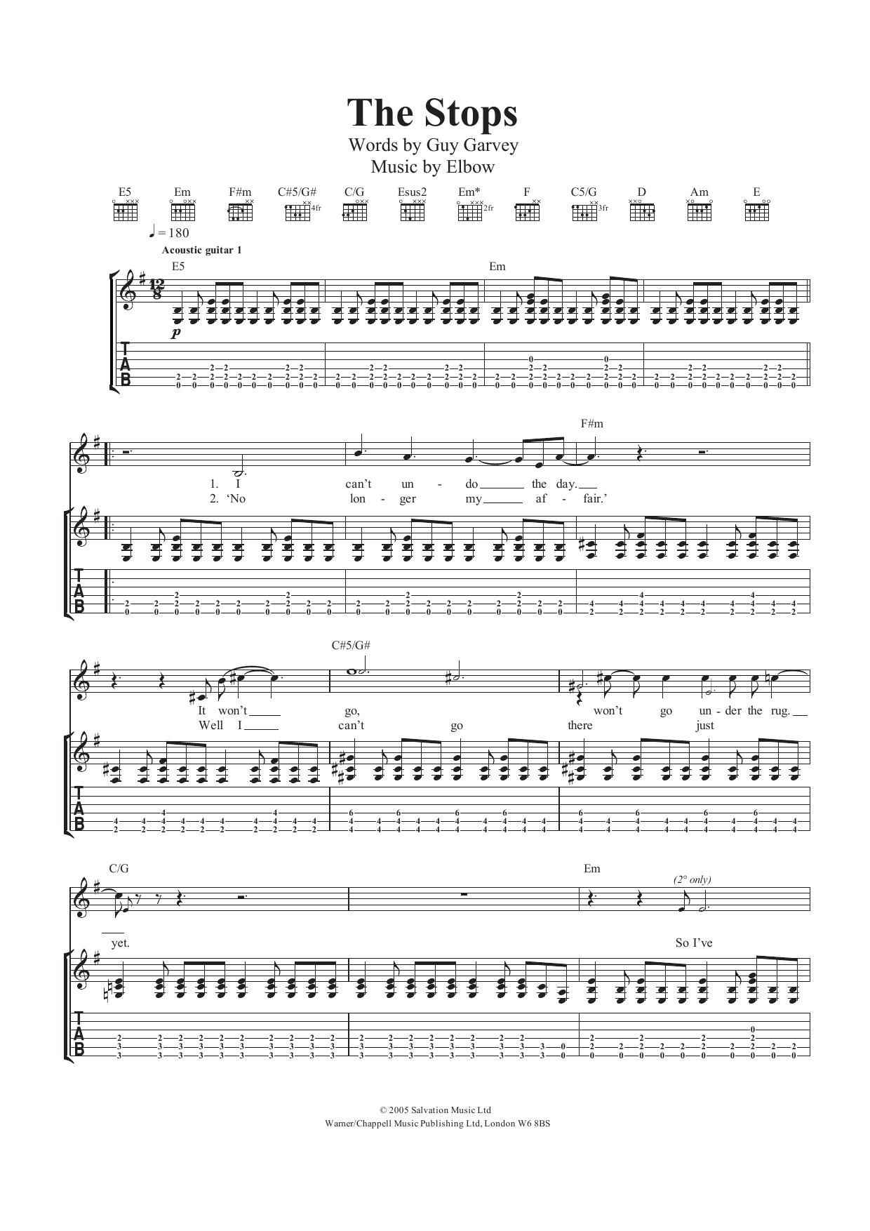 Elbow The Stops sheet music notes and chords arranged for Guitar Tab