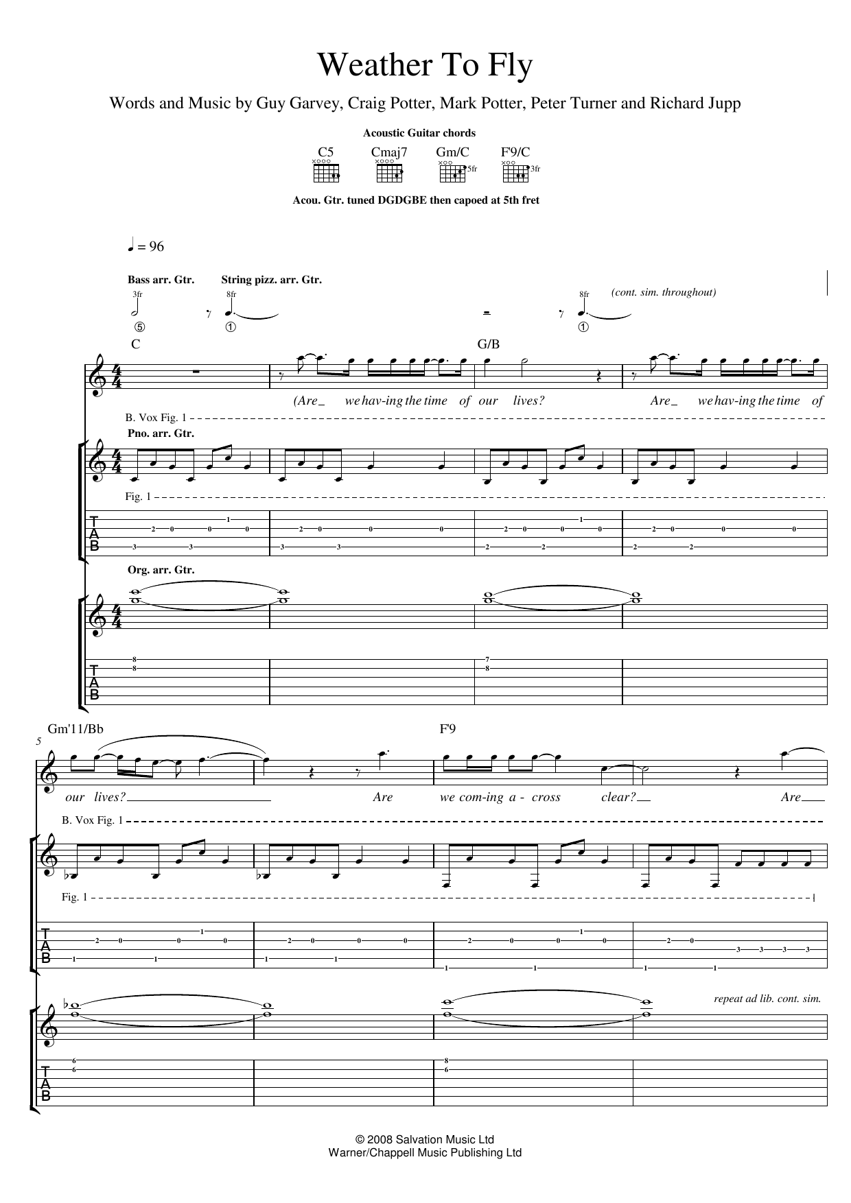 Elbow Weather To Fly sheet music notes and chords arranged for Guitar Tab
