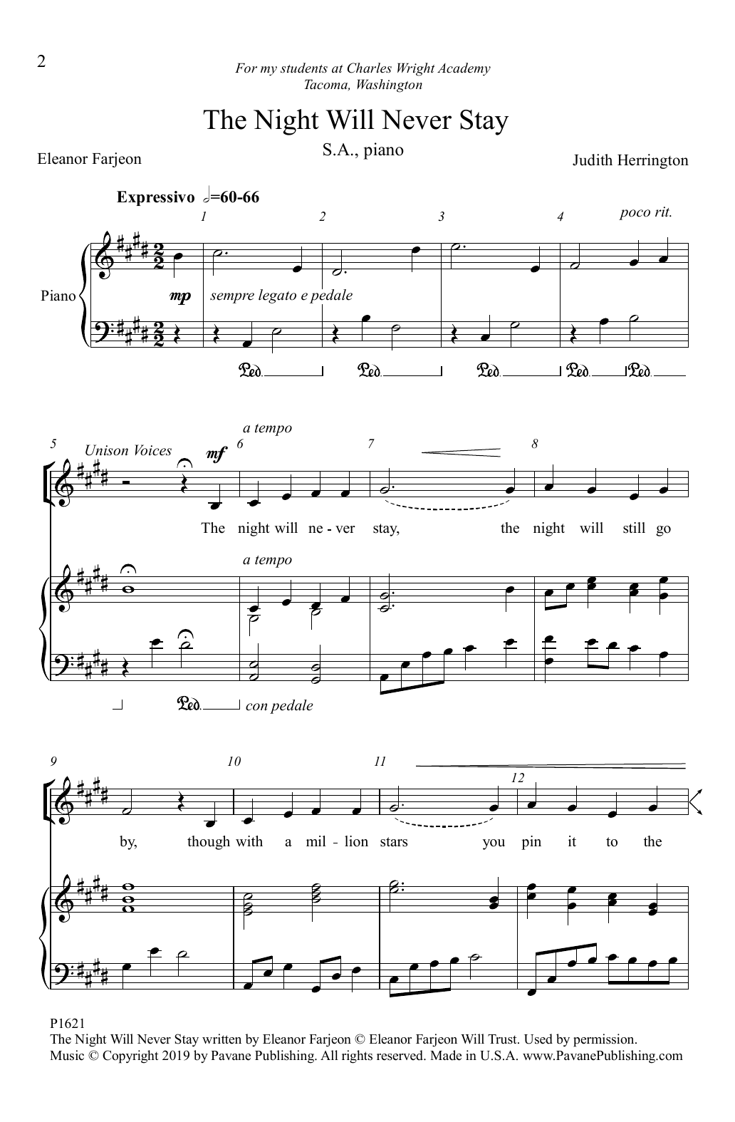 Eleanor Farjeon and Judith Herrington The Night Will Never Stay sheet music notes and chords arranged for Choir