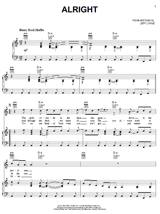 Electric Light Orchestra Alright sheet music notes and chords arranged for Piano, Vocal & Guitar Chords (Right-Hand Melody)
