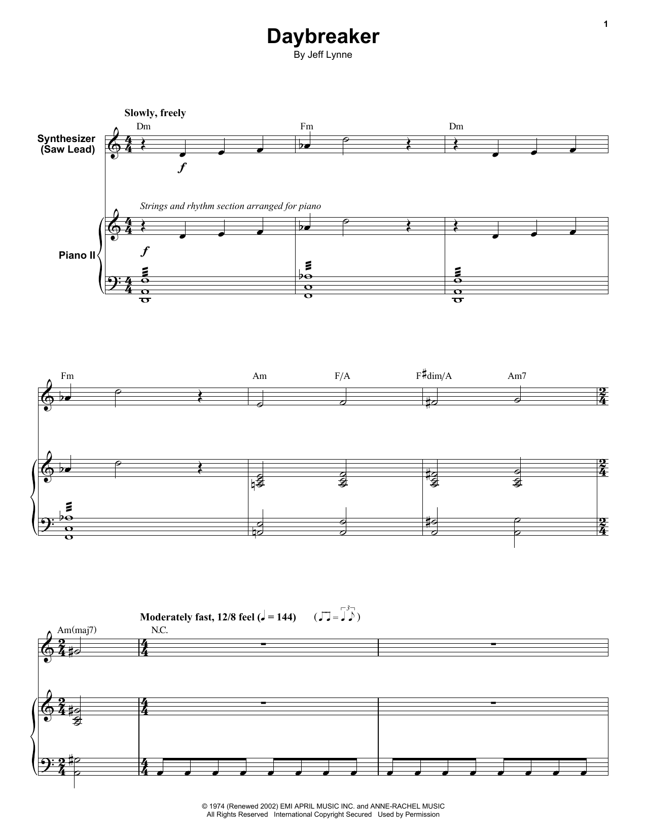 Electric Light Orchestra Daybreaker sheet music notes and chords arranged for Keyboard Transcription