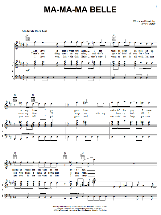 Electric Light Orchestra Ma-Ma-Ma Belle sheet music notes and chords arranged for Piano, Vocal & Guitar Chords (Right-Hand Melody)