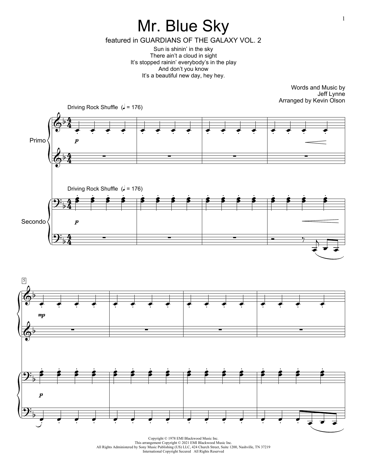 Electric Light Orchestra Mr. Blue Sky (arr. Kevin Olson) sheet music notes and chords arranged for Piano Duet