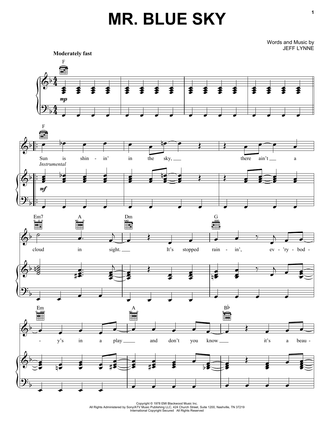 Electric Light Orchestra Mr. Blue Sky sheet music notes and chords arranged for Guitar Chords/Lyrics
