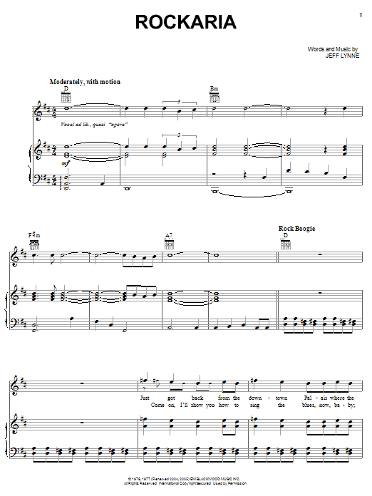 Electric Light Orchestra Rockaria sheet music notes and chords arranged for Piano, Vocal & Guitar Chords (Right-Hand Melody)