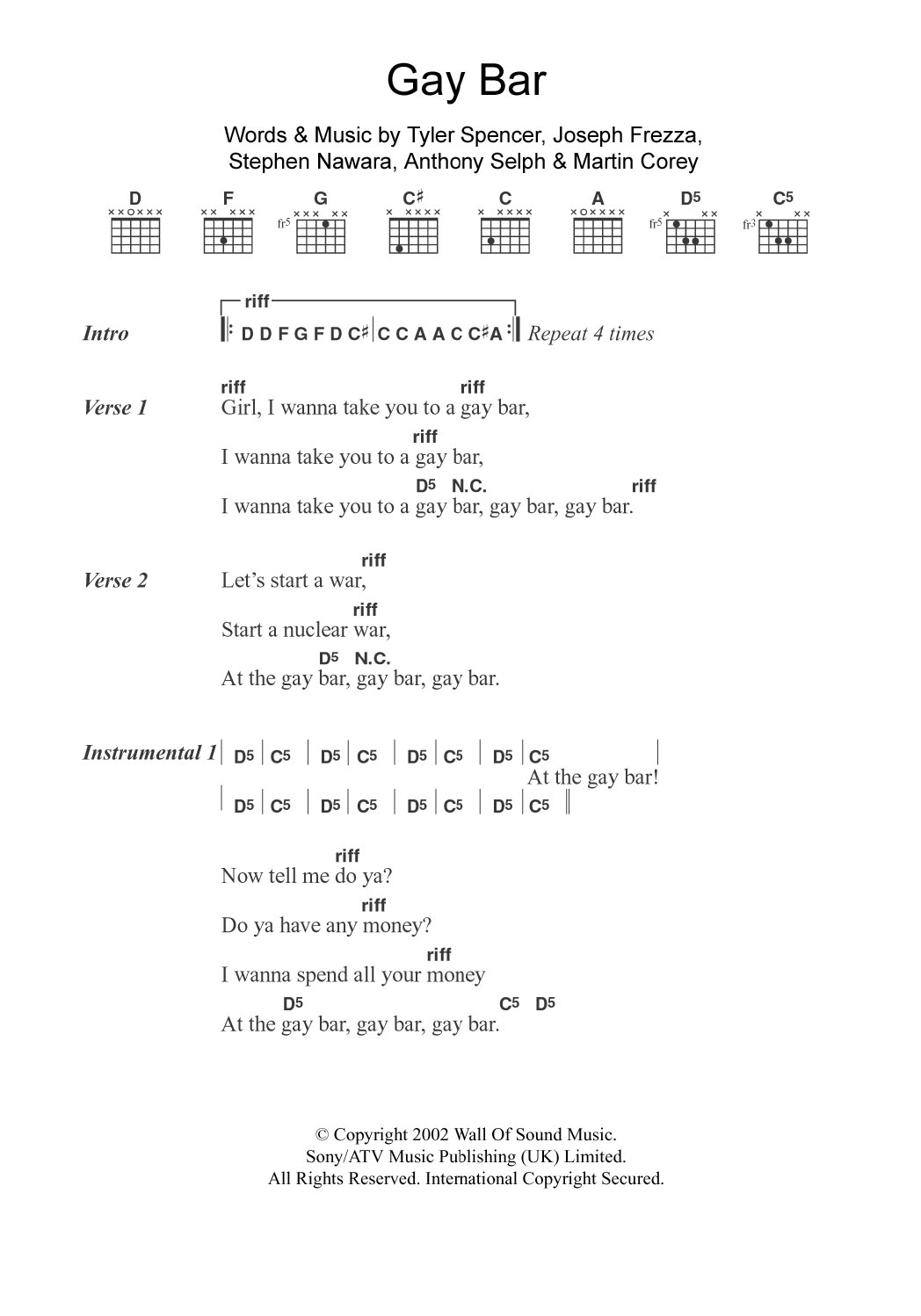 Electric Six Gay Bar sheet music notes and chords arranged for Guitar Chords/Lyrics