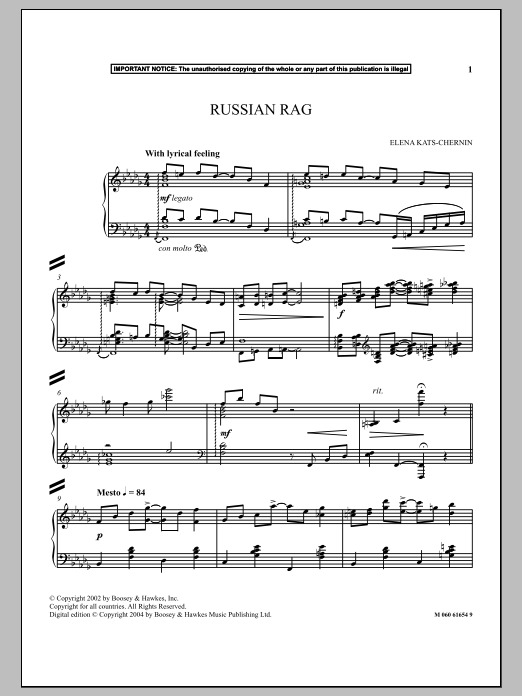 Elena Kats-Chernin Russian Rag sheet music notes and chords arranged for Piano Solo