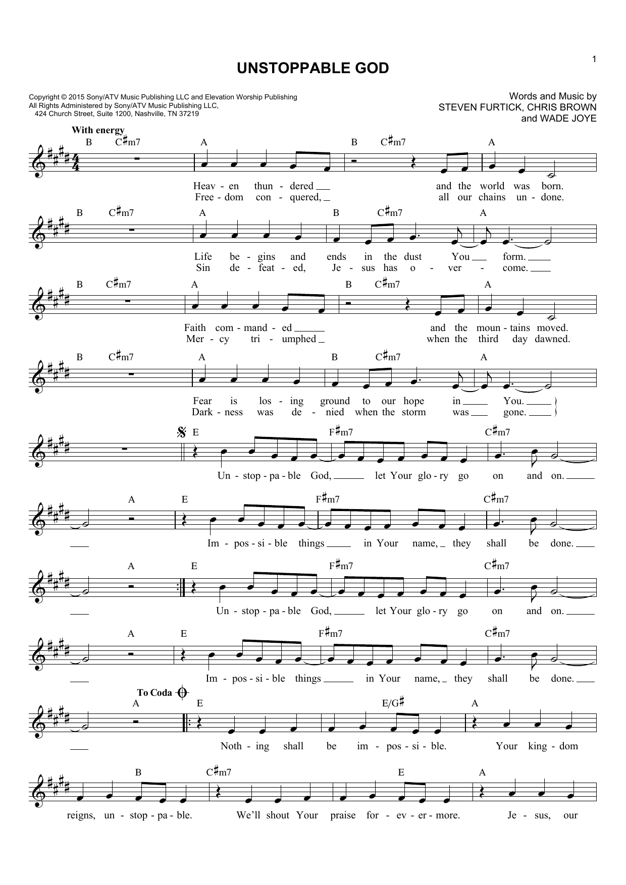 Elevation Worship Unstoppable God sheet music notes and chords arranged for Piano, Vocal & Guitar Chords (Right-Hand Melody)