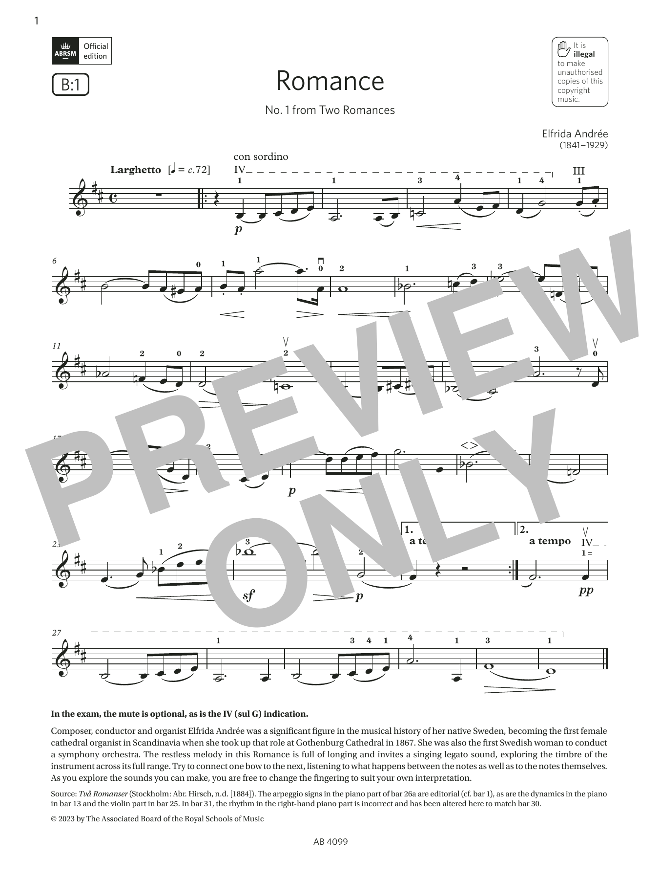 Elfrida Andrée Romance (Grade 5, B1, from the ABRSM Violin Syllabus from 2024) sheet music notes and chords arranged for Violin Solo