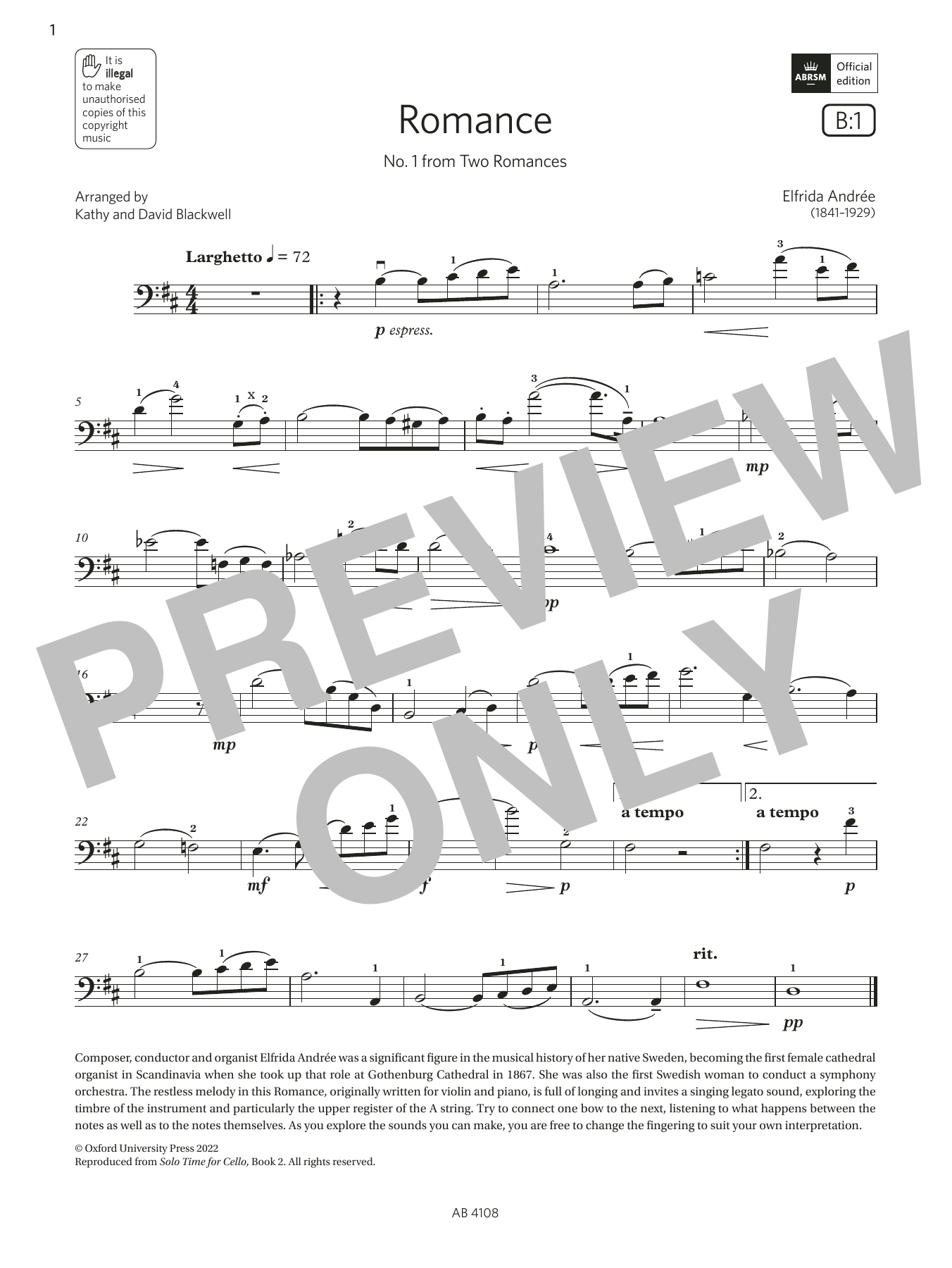Elfrida Andrée Romance No. 1 (Grade 5, B1, from the ABRSM Cello Syllabus from 2024) sheet music notes and chords arranged for Cello Solo