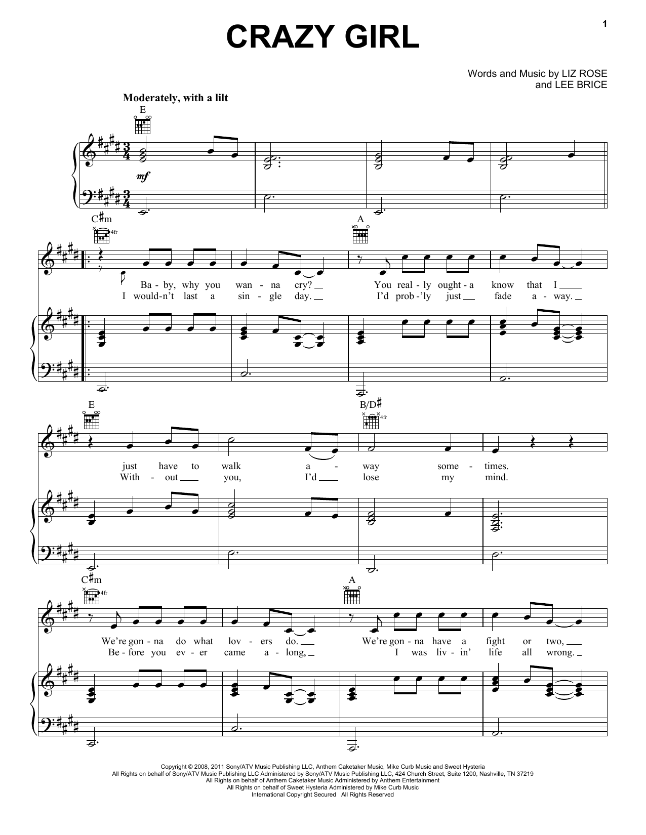 Eli Young Band Crazy Girl sheet music notes and chords arranged for Very Easy Piano
