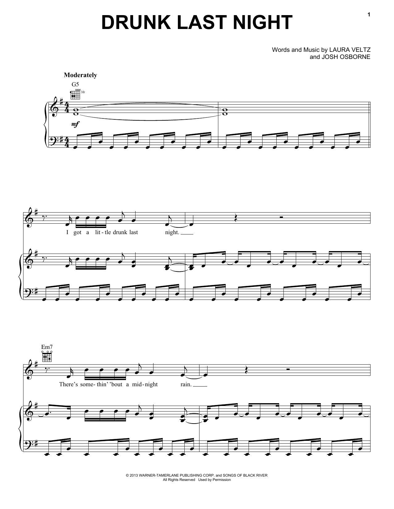 Eli Young Band Drunk Last Night sheet music notes and chords arranged for Piano, Vocal & Guitar Chords (Right-Hand Melody)