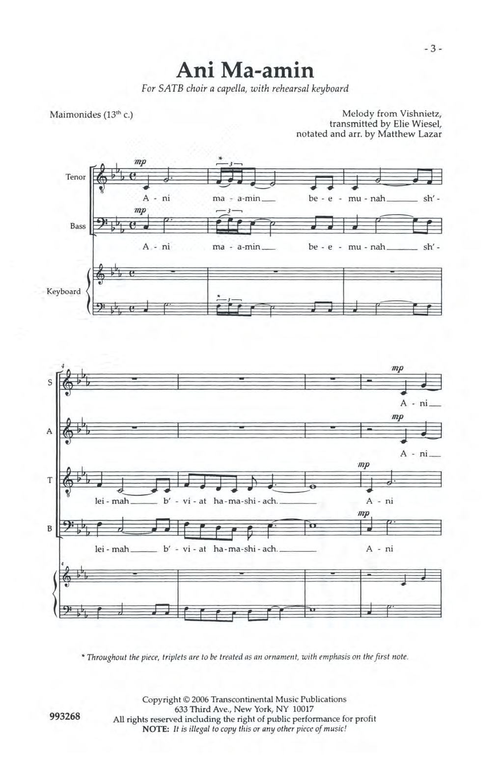 Elie Wisel Ani Ma-amin sheet music notes and chords arranged for SATB Choir