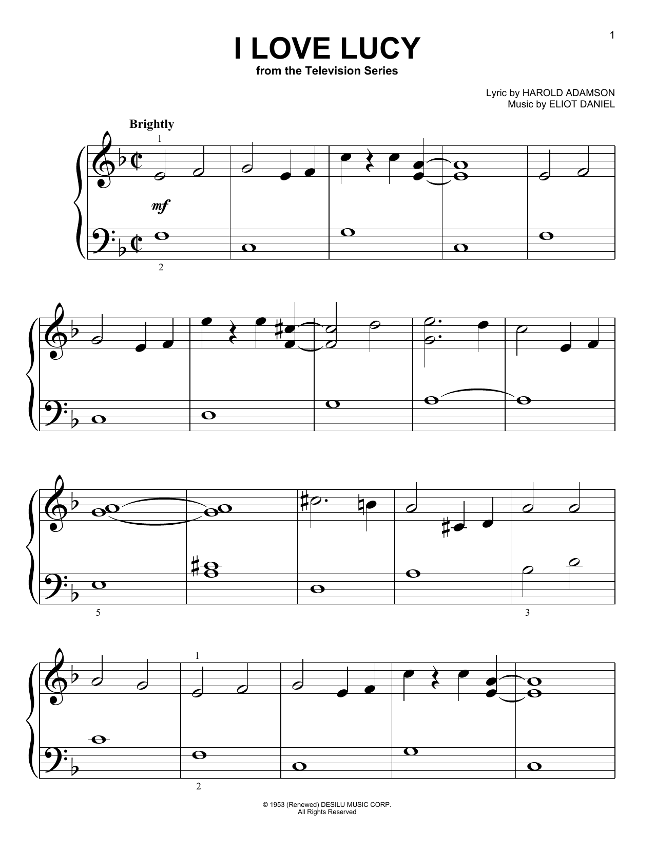 Eliot Daniel I Love Lucy sheet music notes and chords arranged for Easy Piano