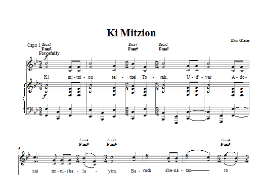 Eliot Glaser Ki Mitzion sheet music notes and chords arranged for Piano, Vocal & Guitar Chords (Right-Hand Melody)