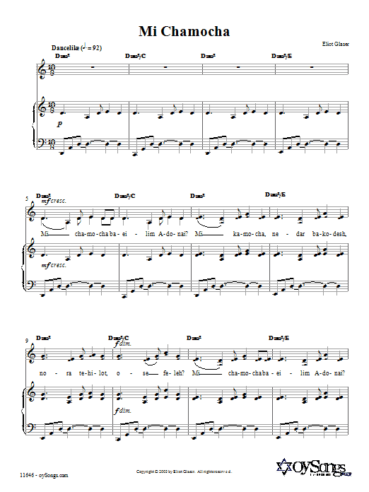 Eliot Glaser Mi Chamocha sheet music notes and chords arranged for Piano, Vocal & Guitar Chords (Right-Hand Melody)