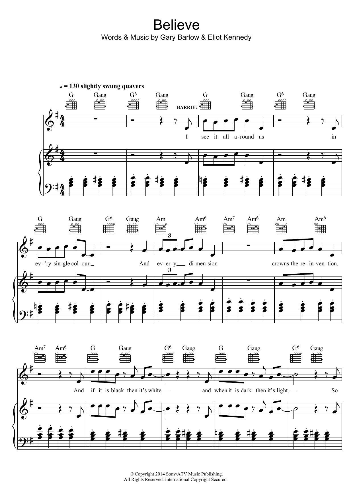 Eliot Kennedy Believe (from 'Finding Neverland') sheet music notes and chords arranged for Piano, Vocal & Guitar Chords