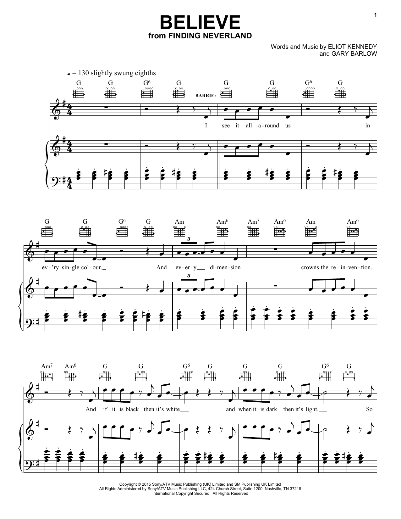 Eliot Kennedy Believe sheet music notes and chords arranged for Piano, Vocal & Guitar Chords (Right-Hand Melody)