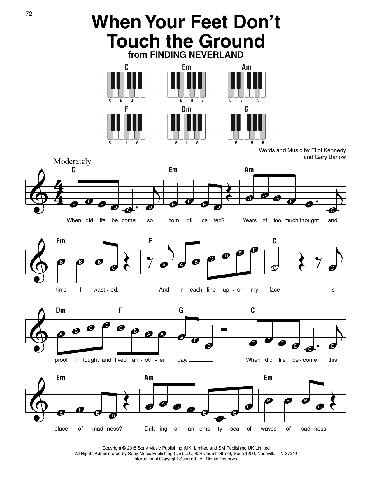 Eliot Kennedy When Your Feet Don't Touch The Ground (from Finding Neverland) sheet music notes and chords arranged for Super Easy Piano