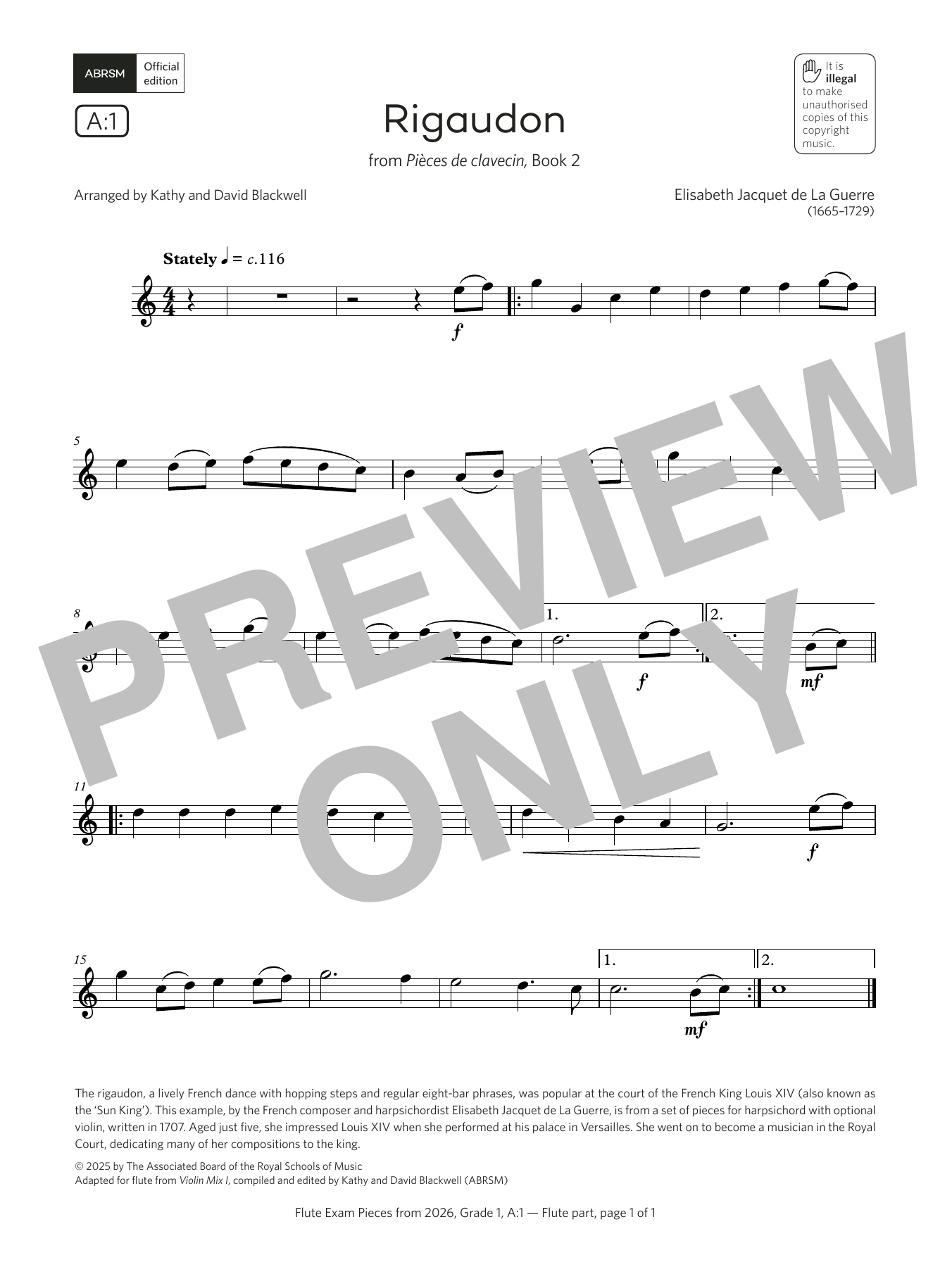 Elisabeth Jacquet de La Guerre Rigaudon (Grade 1, list A1, from the ABRSM Flute Syllabus from 2026) sheet music notes and chords arranged for Flute Solo