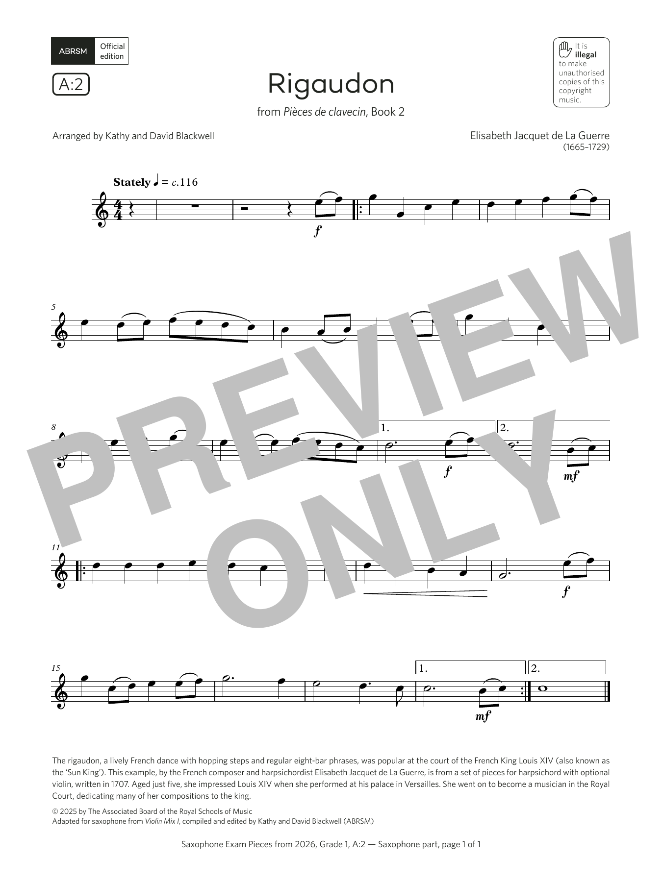 Elisabeth Jacquet de La Guerre Rigaudon (Grade 1, list A2, from the ABRSM Saxophone Syllabus from 2026) sheet music notes and chords arranged for Alto Sax Solo