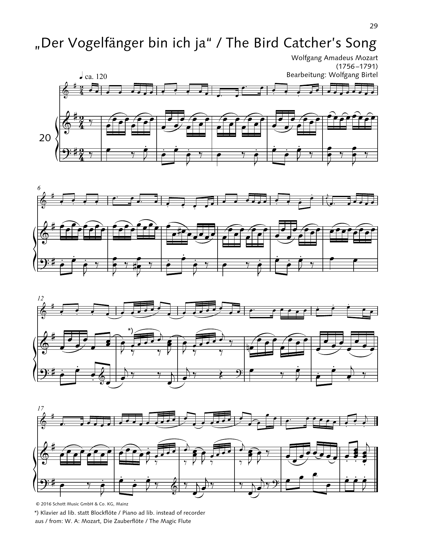 Elisabeth Kretschmann The Bird Catcher's Song sheet music notes and chords arranged for Woodwind Solo