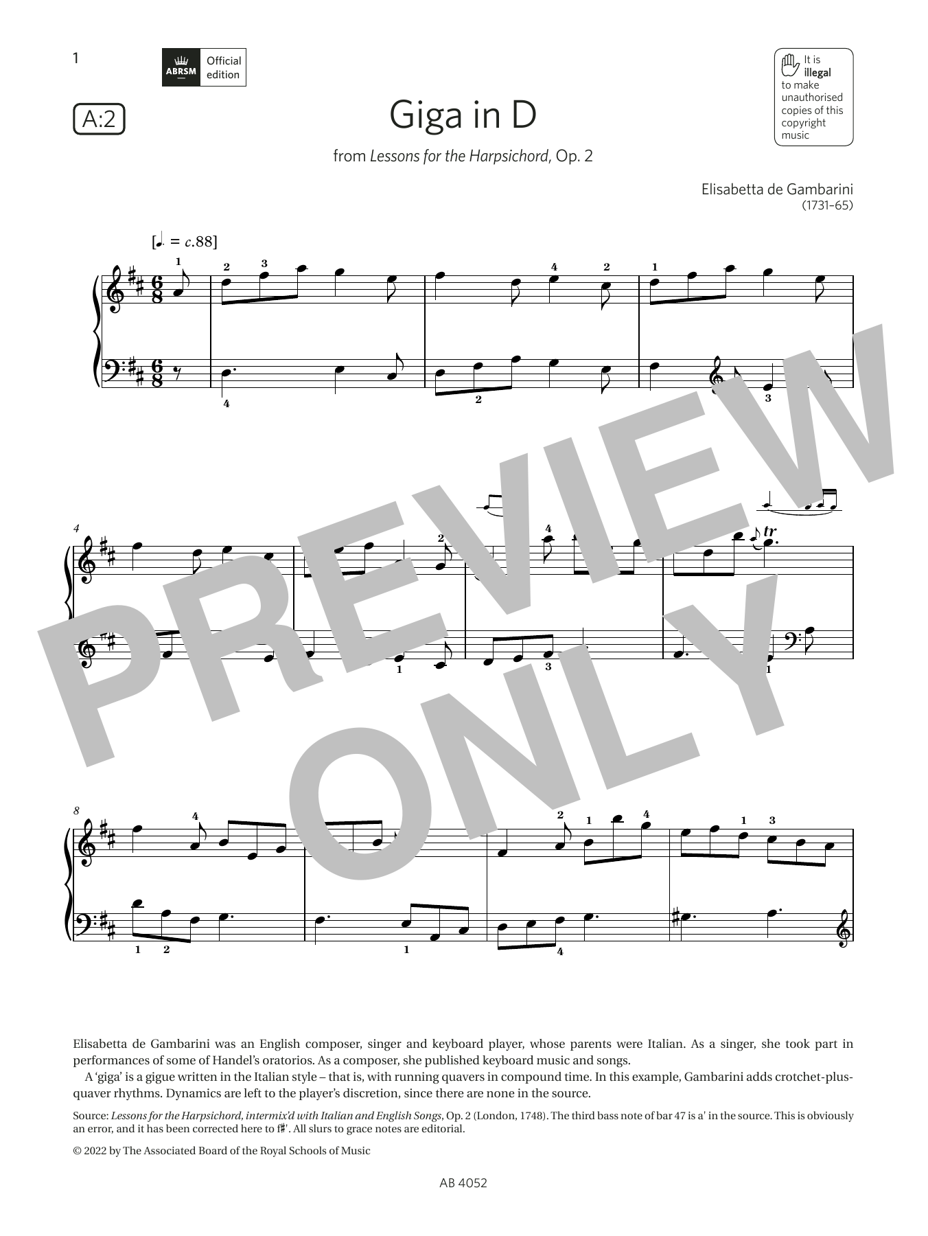 Elisabetta de Gambarini Giga in D (Grade 6, list A2, from the ABRSM Piano Syllabus 2023 & 2024) sheet music notes and chords arranged for Piano Solo