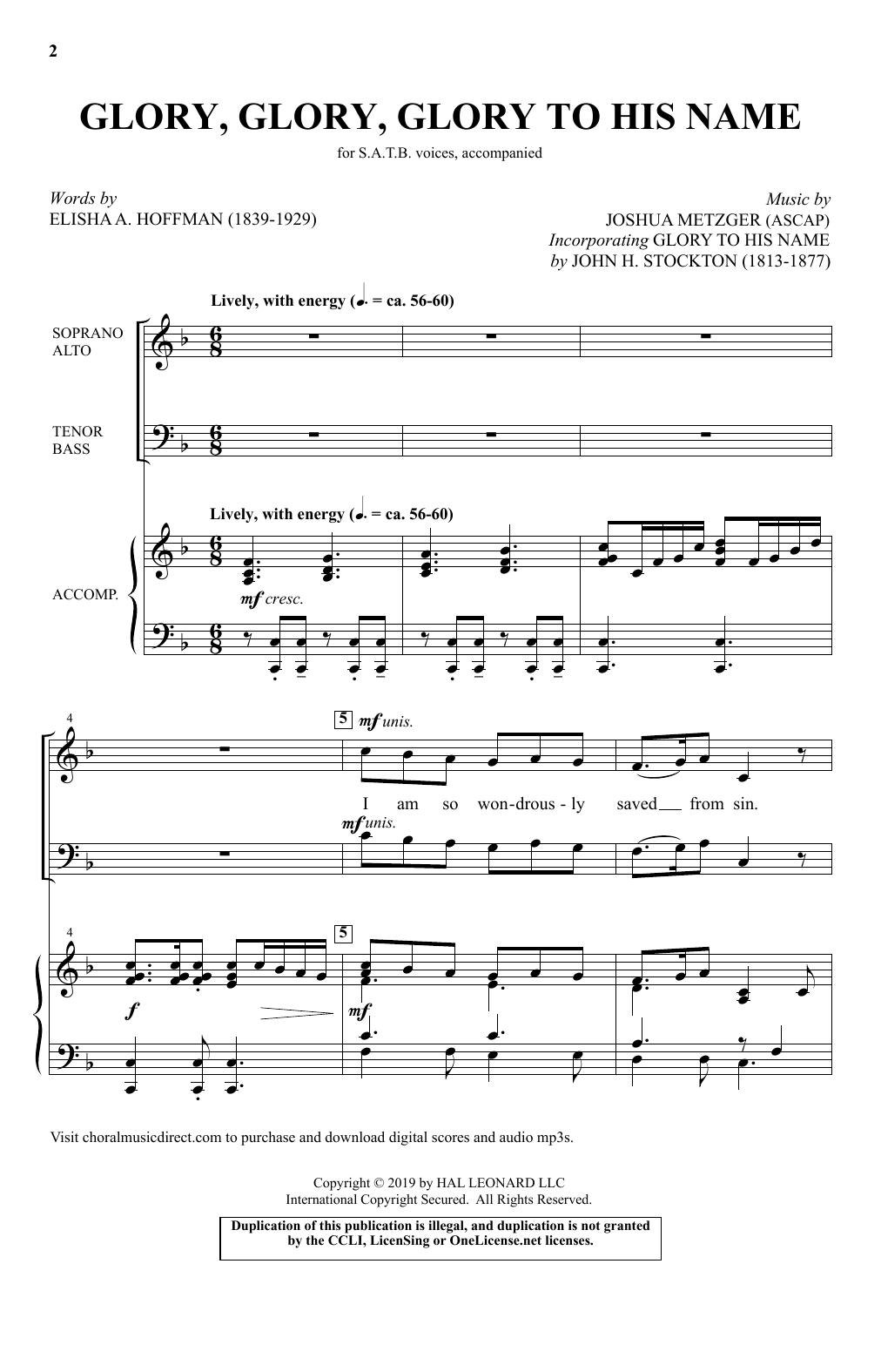 Elisha A. Hoffman and Joshua Metzger Glory, Glory, Glory To His Name sheet music notes and chords arranged for SATB Choir