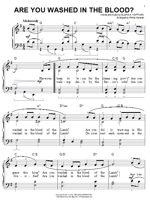 Elisha A. Hoffman Are You Washed In The Blood? (arr. Phillip Keveren) sheet music notes and chords arranged for Easy Piano