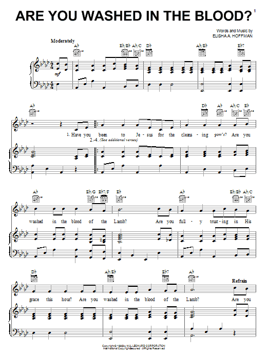 Elisha A. Hoffman Are You Washed In The Blood? sheet music notes and chords arranged for Piano, Vocal & Guitar Chords (Right-Hand Melody)