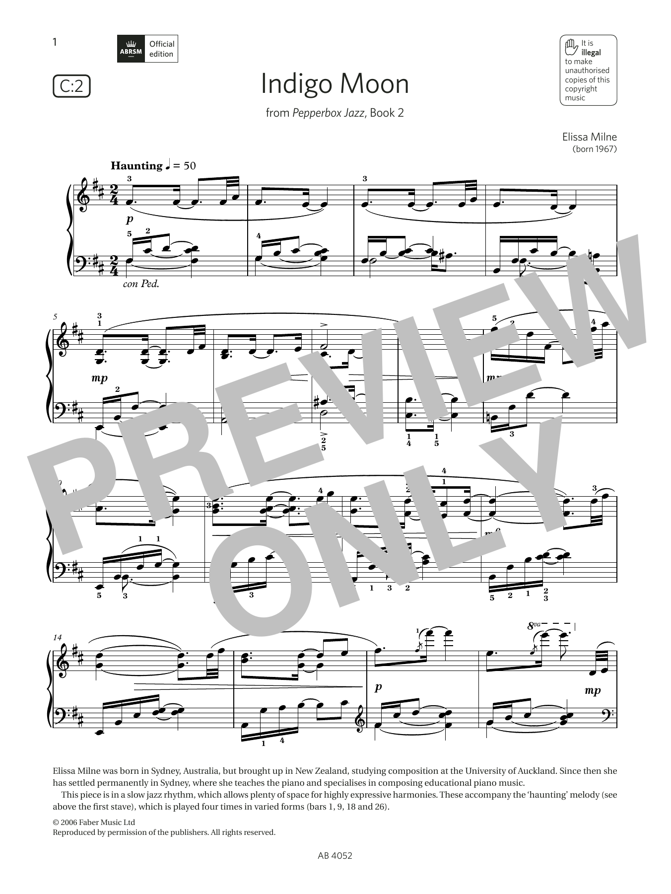 Elissa Milne Indigo Moon (Grade 6, list C2, from the ABRSM Piano Syllabus 2023 & 2024) sheet music notes and chords arranged for Piano Solo