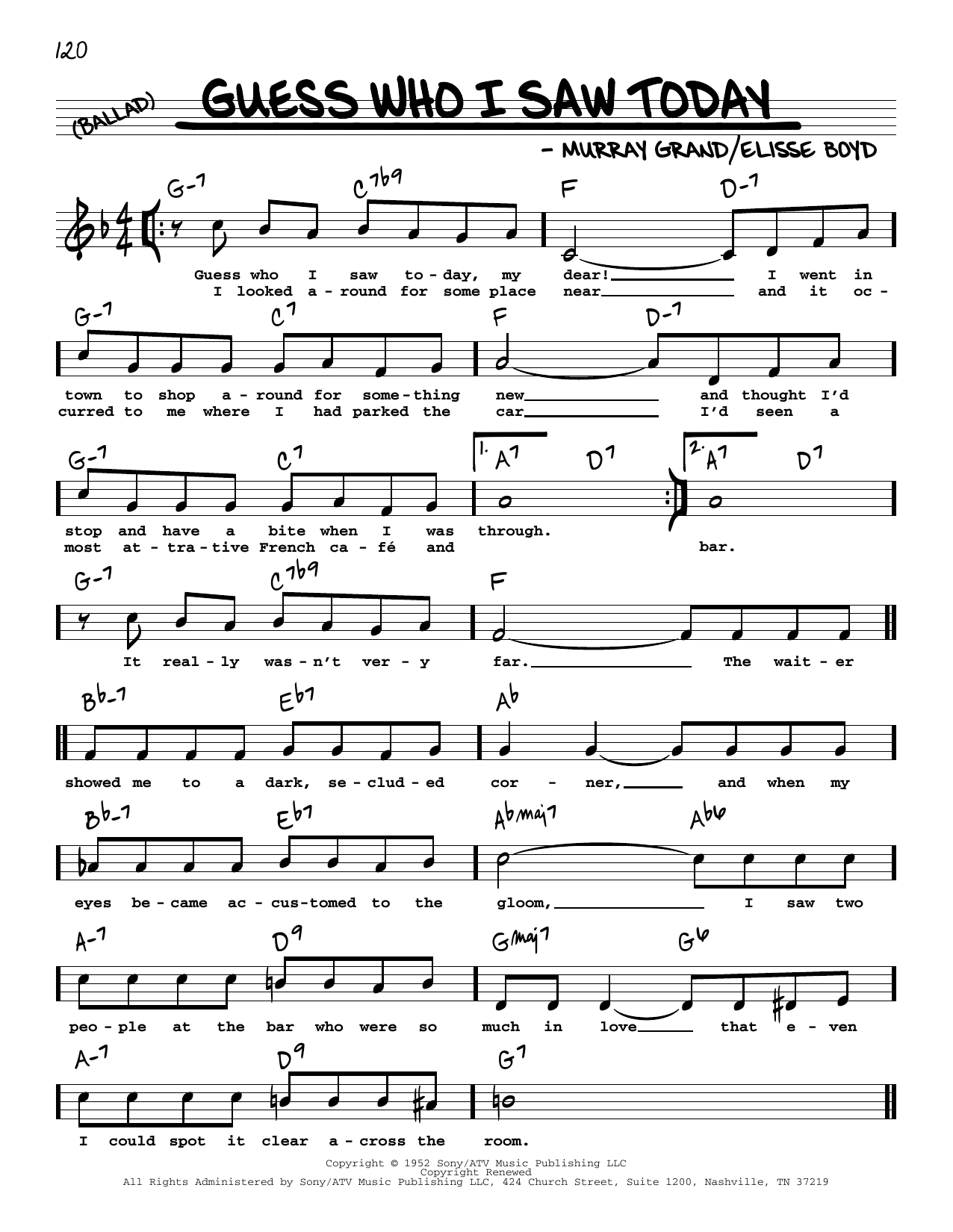 Elisse Boyd Guess Who I Saw Today (High Voice) sheet music notes and chords arranged for Real Book – Melody, Lyrics & Chords