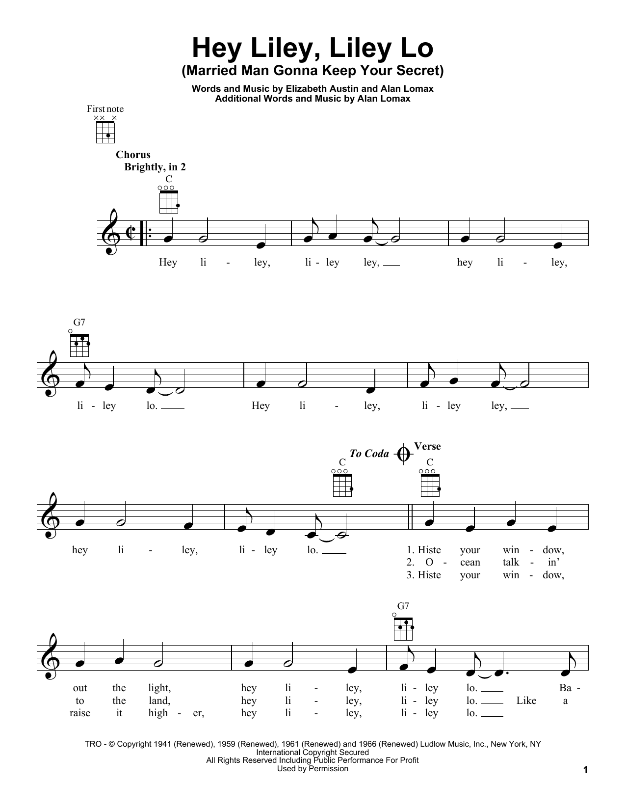 Elizabeth Austin Hey Liley, Liley Lo (Married Man Gonna Keep Your Secret) sheet music notes and chords arranged for Ukulele