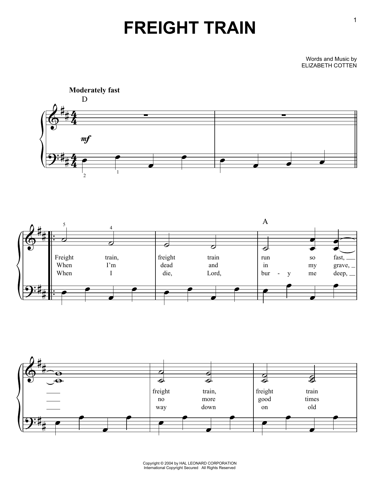 Elizabeth Cotten Freight Train sheet music notes and chords arranged for Easy Ukulele Tab
