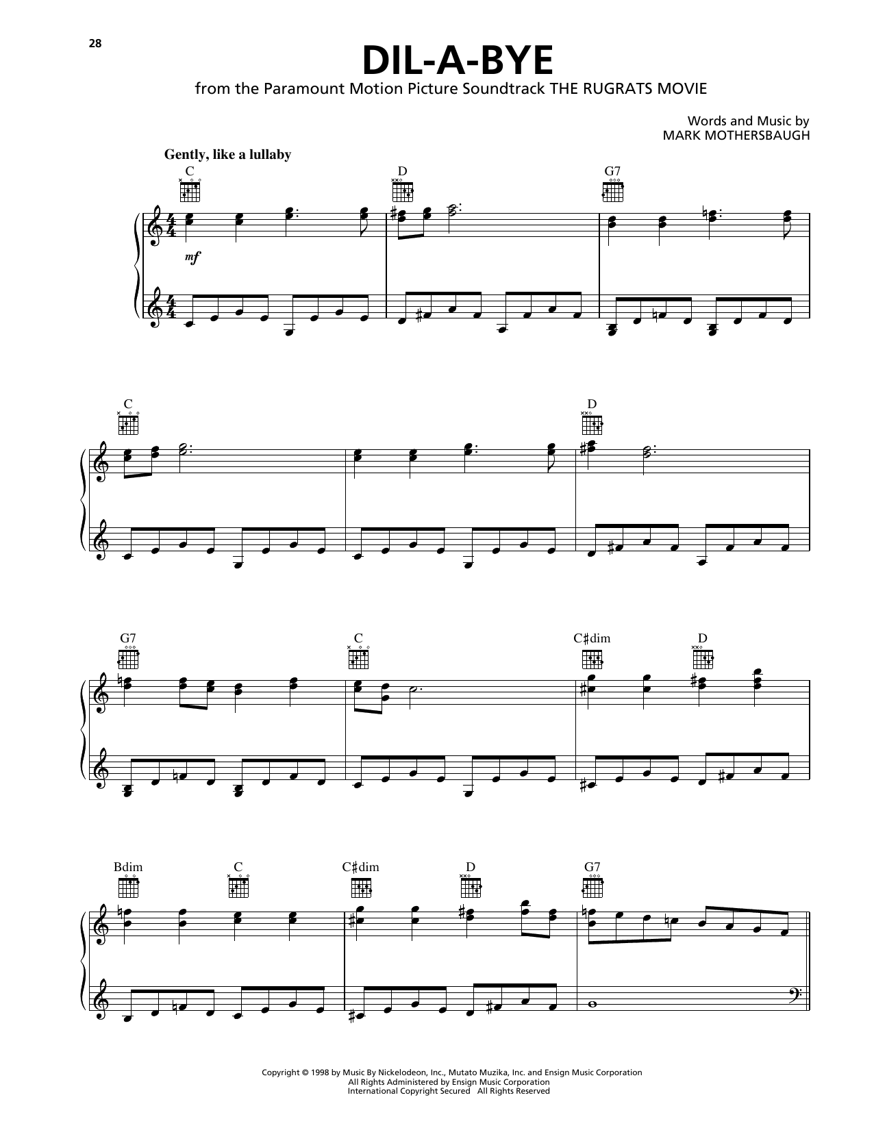 Elizabeth Daily Dil-A-Bye (from The Rugrats Movie) sheet music notes and chords arranged for Piano, Vocal & Guitar Chords (Right-Hand Melody)