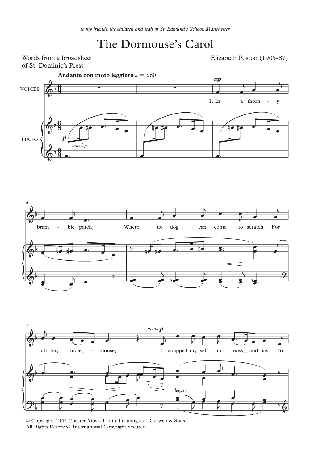 Elizabeth Poston The Dormouse's Carol sheet music notes and chords arranged for Unison Choir