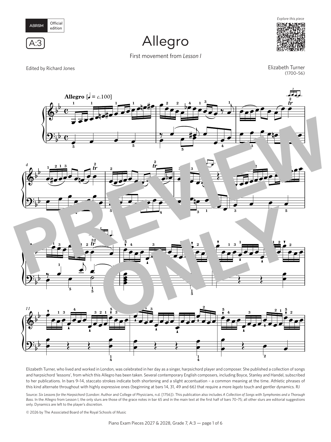 Elizabeth Turner Allegro (Grade 7, list A3, from the ABRSM Piano Syllabus 2027 & 2028) sheet music notes and chords arranged for Piano Solo