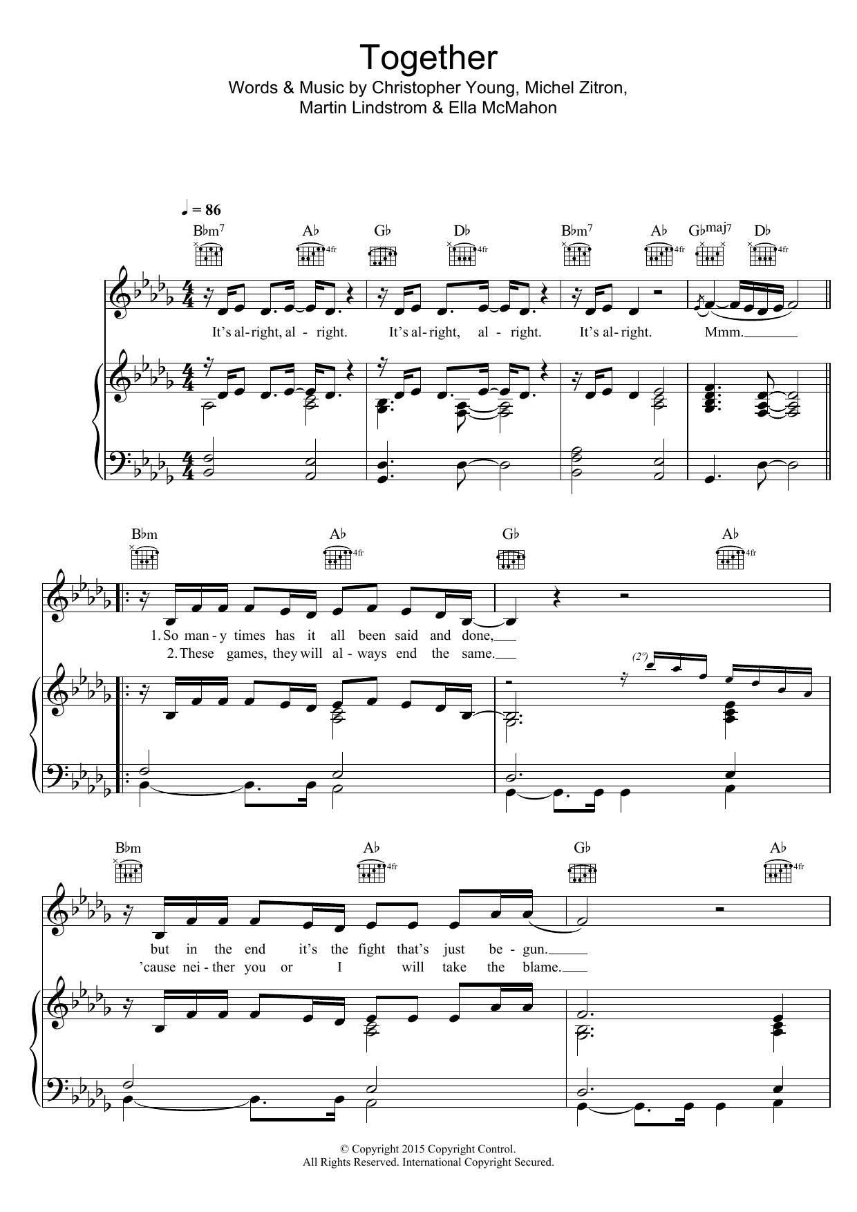 Ella Eyre Together sheet music notes and chords arranged for Piano, Vocal & Guitar Chords