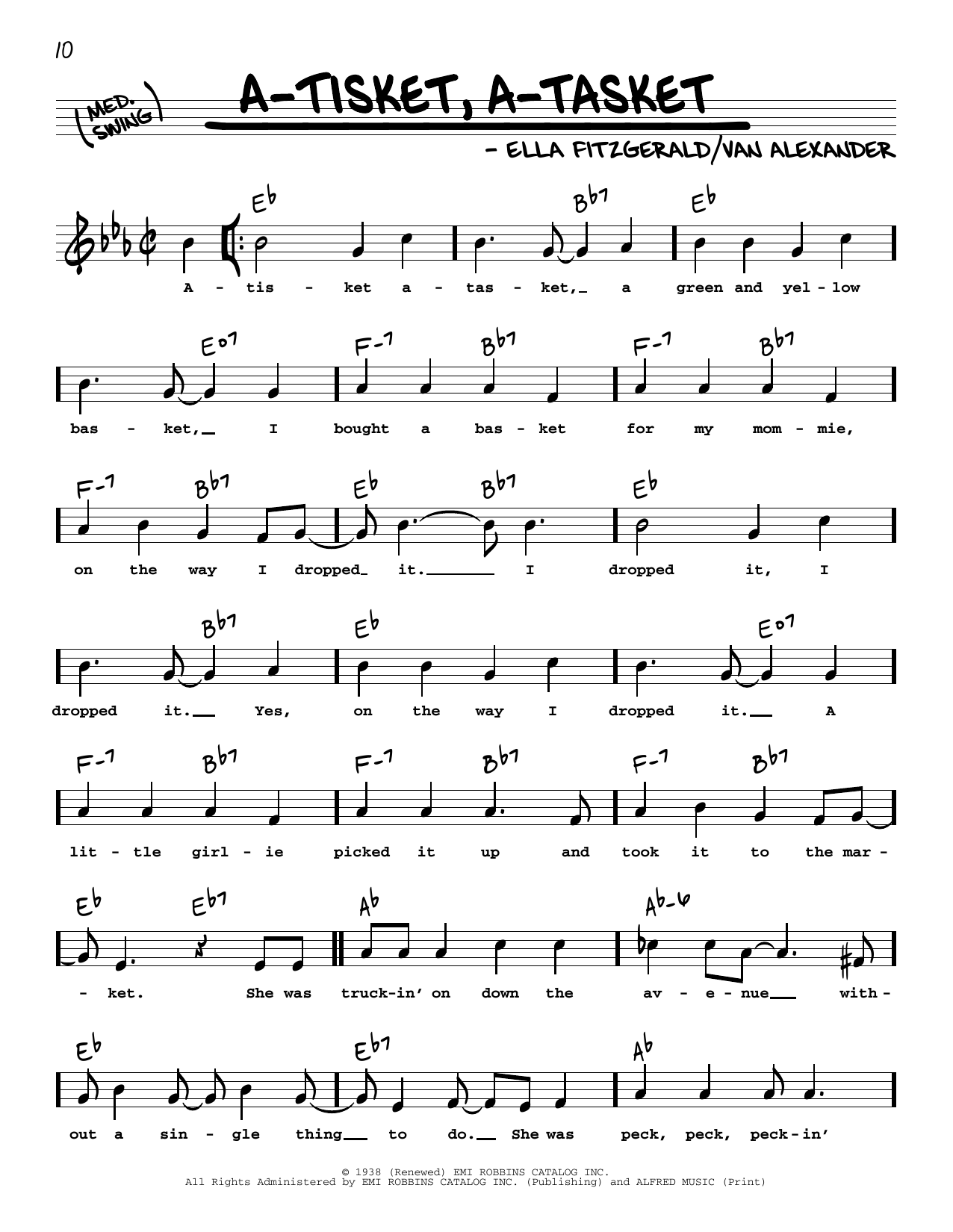 Ella Fitzgerald A-Tisket, A-Tasket (High Voice) sheet music notes and chords arranged for Real Book – Melody, Lyrics & Chords