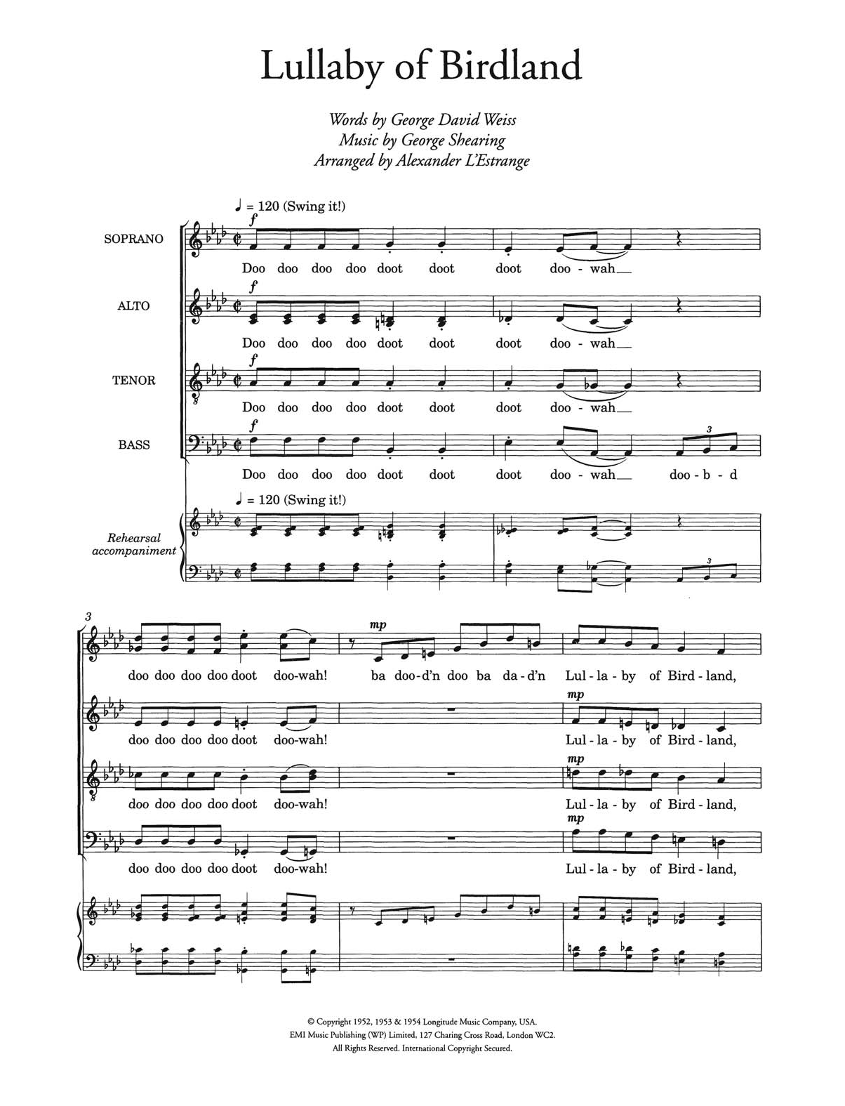 Ella Fitzgerald Lullaby Of Birdland (arr. Alexander L'Estrange) sheet music notes and chords arranged for Choir